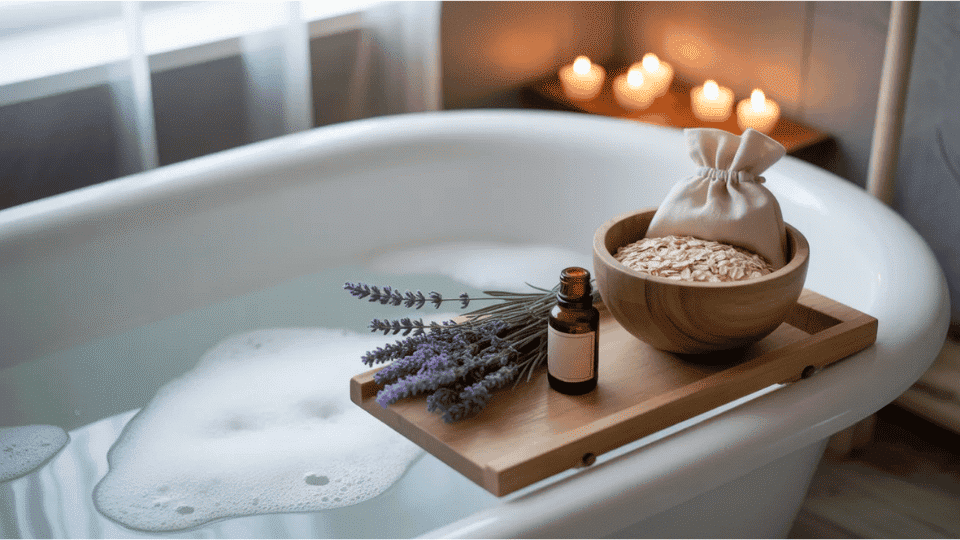 A calming bath setup with lavender, oatmeal in a muslin bag, and a bottle of lavender oil, creating a soothing atmosphere