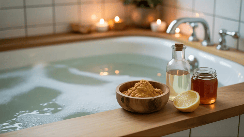 A serene bath setup with ginger powder, lemon, honey, and essential oil, creating a calming and refreshing detox bath atmosphere