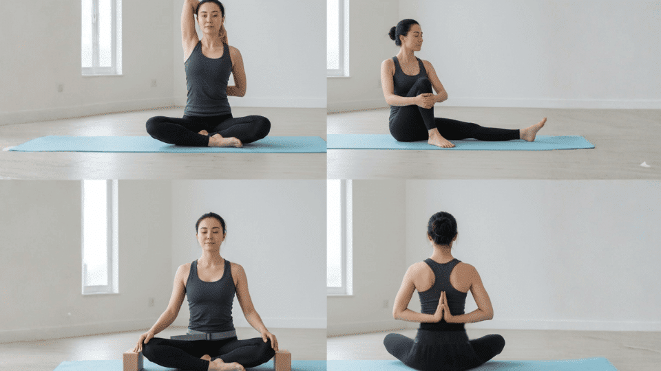 Four-panel collage of a woman practicing seated yoga poses on a mat in a bright, minimalist studio with soft natural light