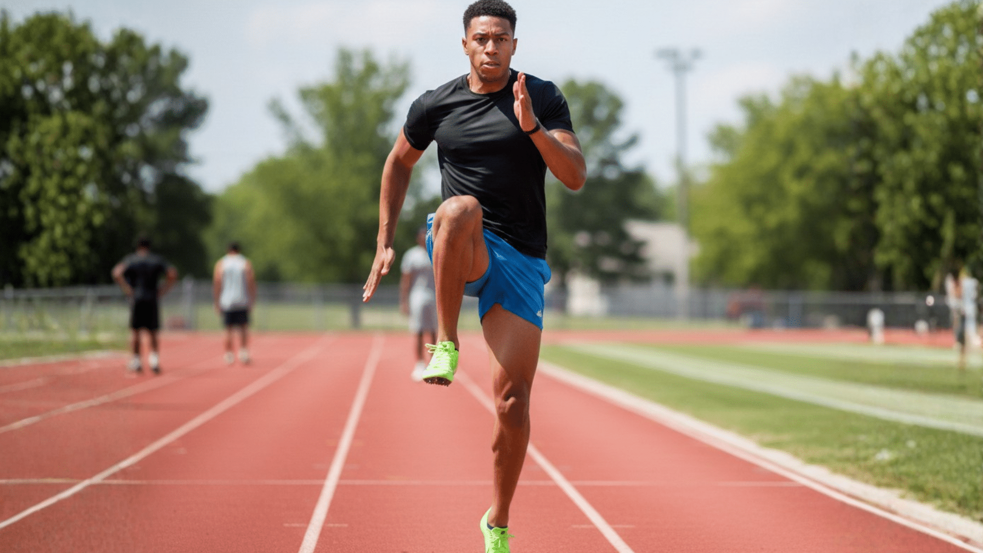 athlete in a black shirt and blue shorts performs a B-skip drill on a red track under bright sunlight