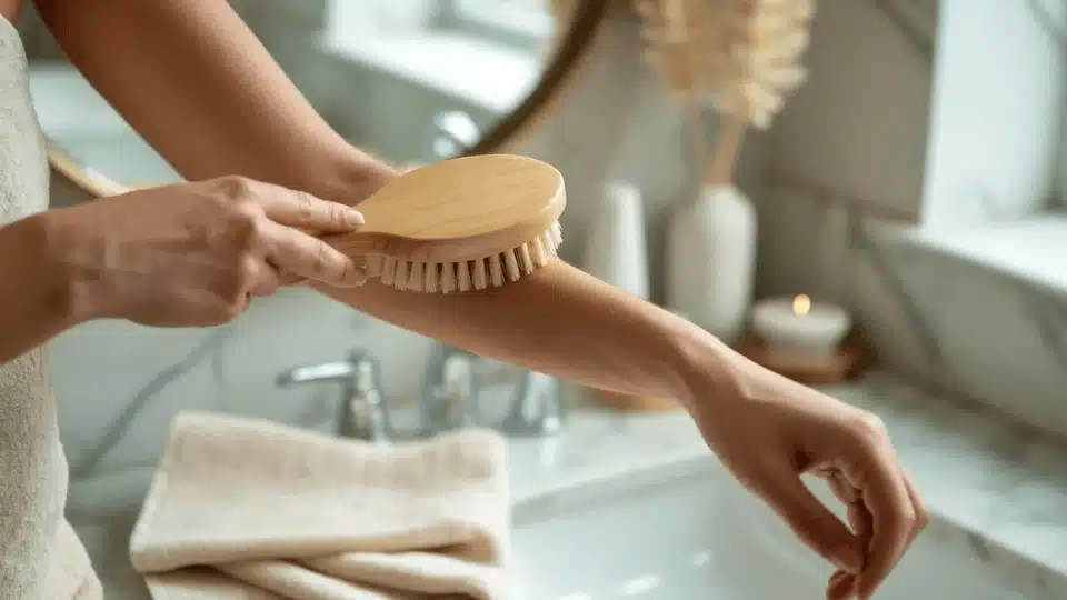 close view of dry brushing arm with natural bristle brush before shower to support skin health and lymph movement