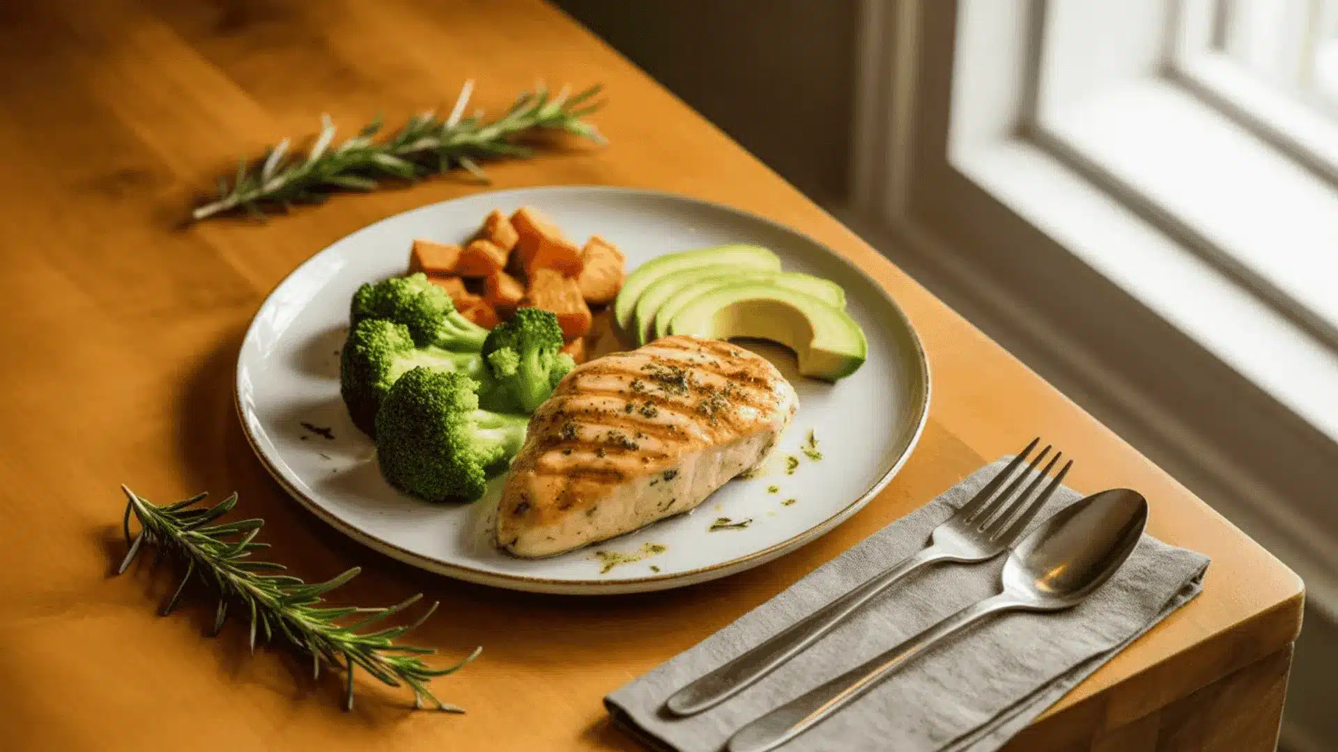 grilled chicken with broccoli, sweet potatoes, and avocado on white plate with herbs on light wooden table, soft natural light