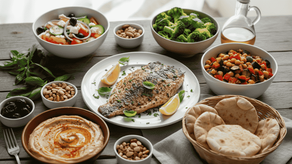 grilled fish with lemon, greek salad, hummus, chickpea mix, broccoli, nuts, olives, pita and olive oil on a wooden table