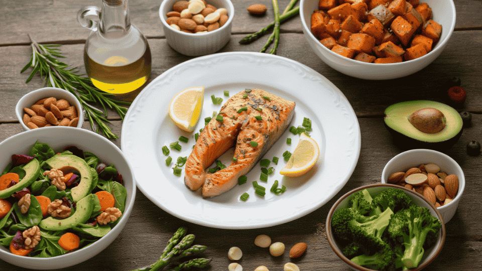 grilled salmon with lemon, avocado salad, roasted sweet potato, broccoli, mixed nuts, asparagus and olive oil on a wooden table