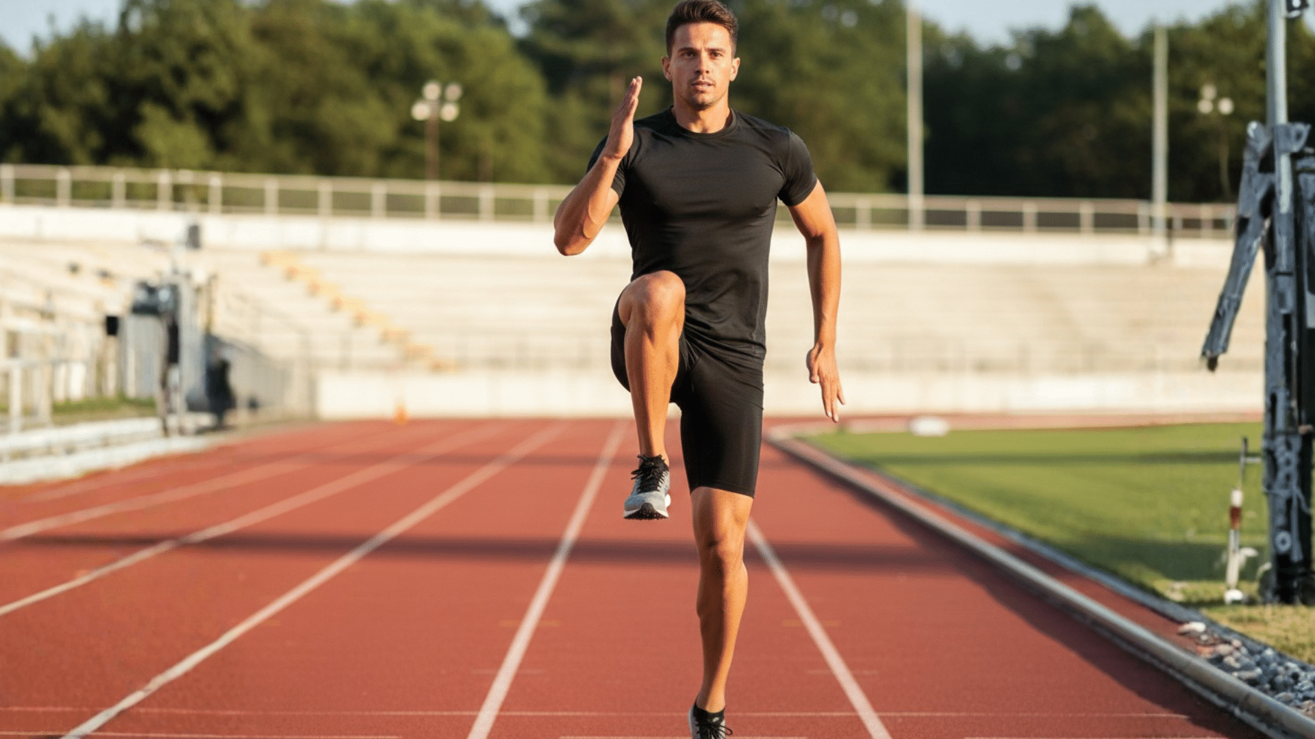 male athlete in black gear performs an A-Skip on a red track, driving one knee up with focused posture