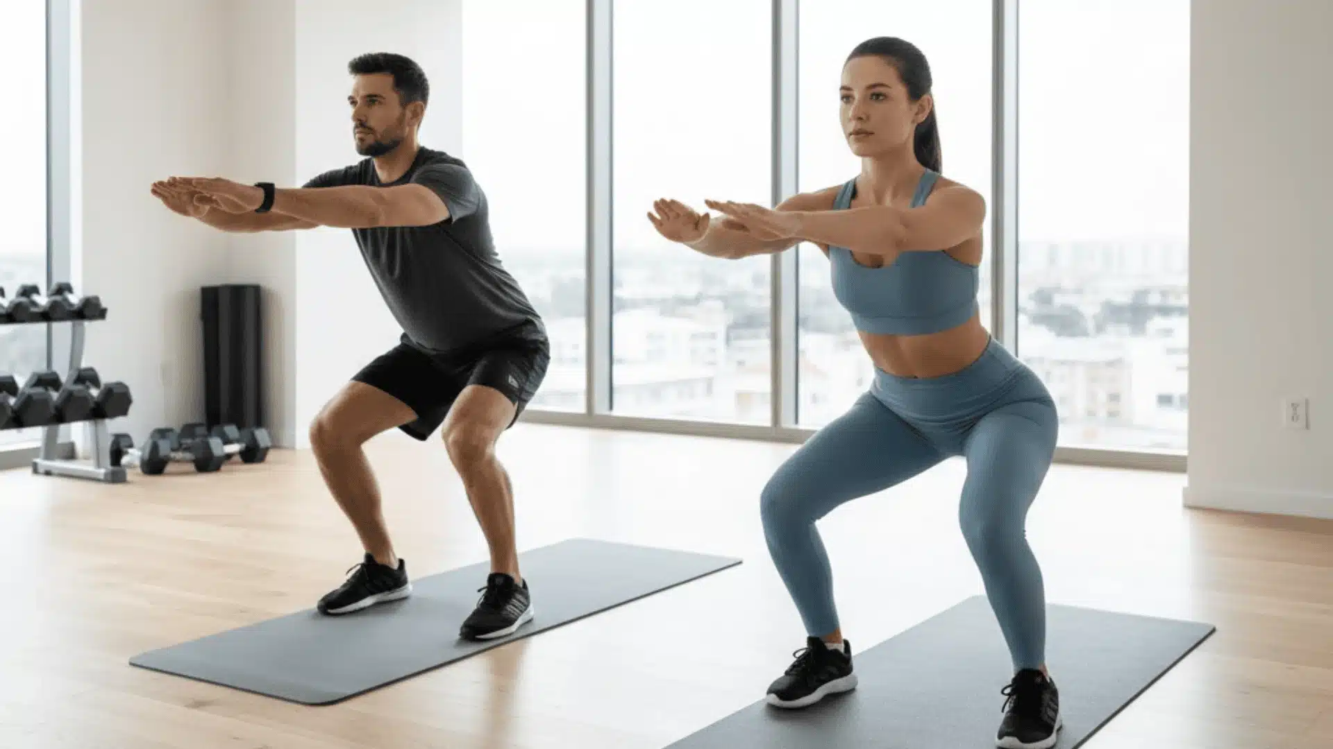 man and woman in athletic wear performing synchronized squats on mats in a bright, modern gym.
