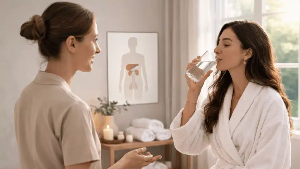 massage therapist speaking with client drinking water after session in bright spa with body diagram in background