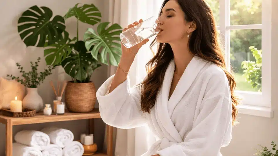 person drinking water after massage in calm spa room showing post massage recovery and hydration