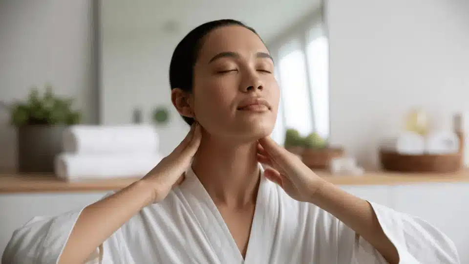 person gently massaging neck area with light strokes to encourage lymphatic drainage and reduce fluid buildup