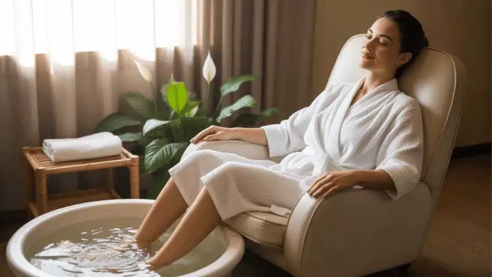 person relaxing in a spa chair with feet in a warm ionic foot detox bath, looking calm and refreshed