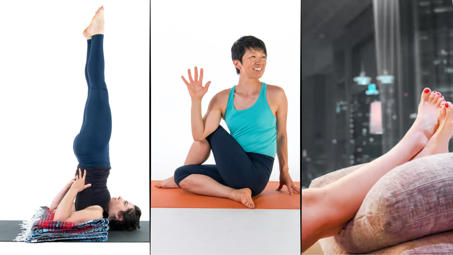 three-panel image showing a woman in a shoulder stand, a seated spinal twist, and legs resting on a pillow