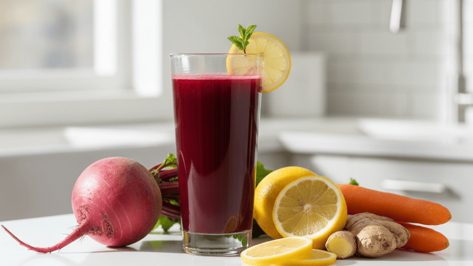 Glass of beet lemon ginger juice with fresh beet, sliced lemon, carrot, and ginger on bright kitchen counter in natural light