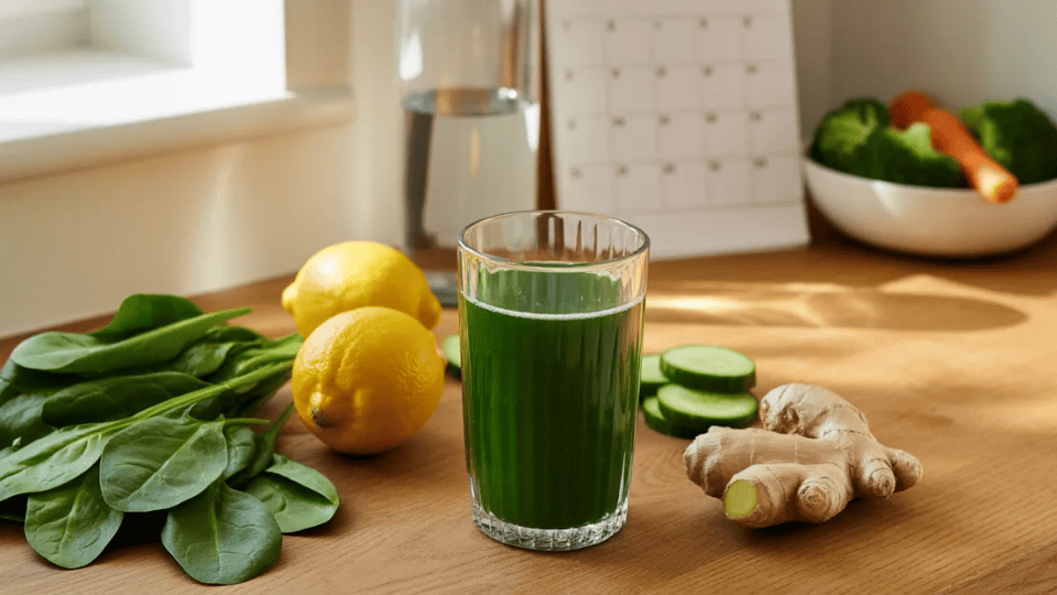 Glass of green juice with spinach, lemons, cucumber, and ginger on wooden counter, calendar marked 3 days in background
