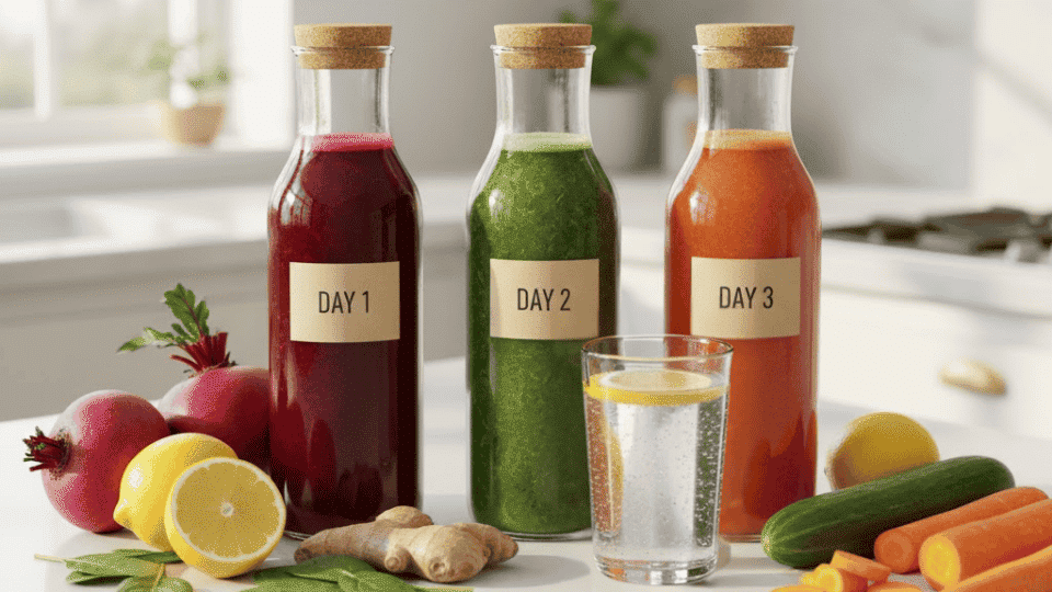 Three glass bottles labeled Day 1, Day 2, Day 3 with colorful juices, fresh vegetables, lemon water, and ginger on kitchen counter