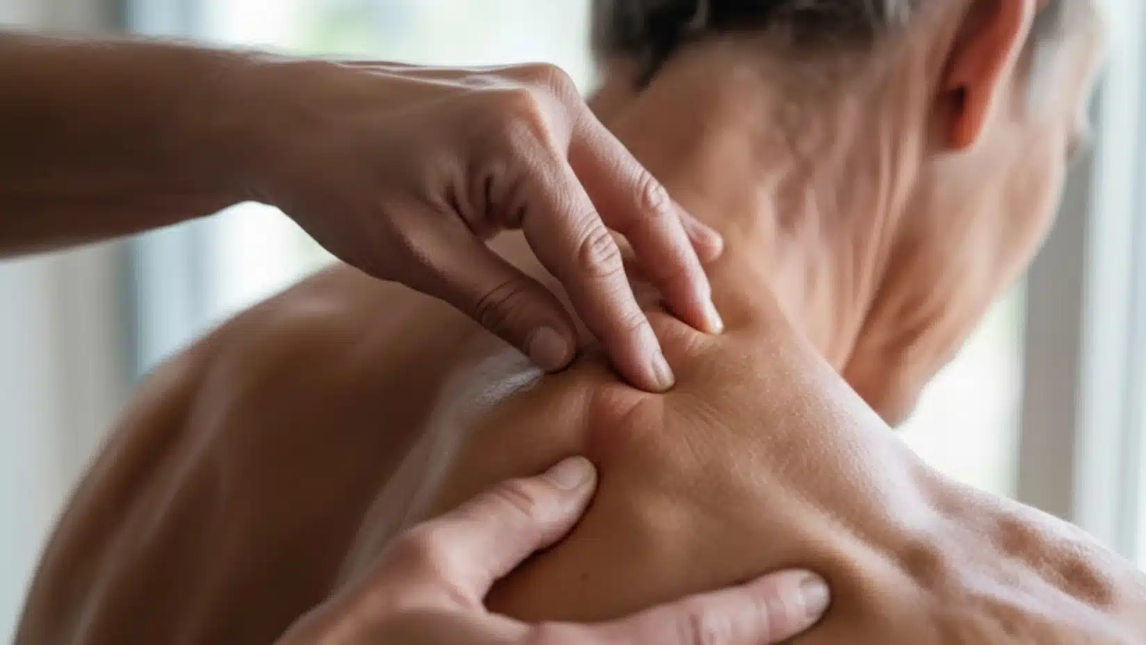 a person applying pressure to a tension knot on the back of another persons neck or shoulder with their fingers