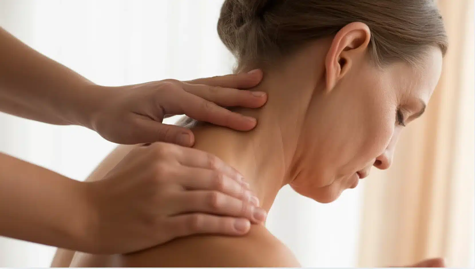 a person giving a neck massage to a woman, with hands applying pressure to the back of her neck
