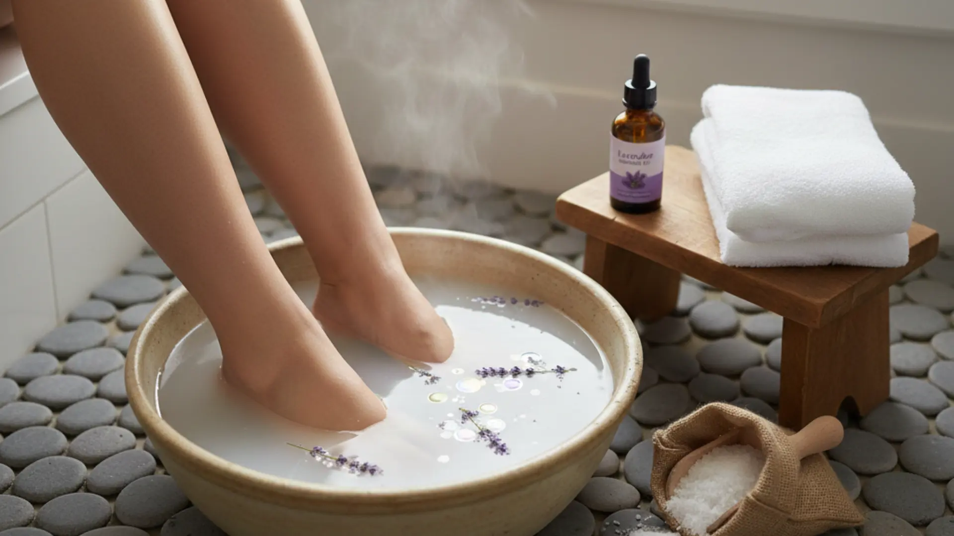 a person's legs soaking in a warm basin of Epsom salts and lavender in a spa