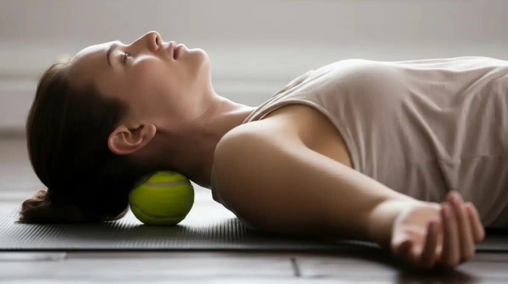 a woman lying on a mat with a tennis ball placed under her neck for self-massage relief