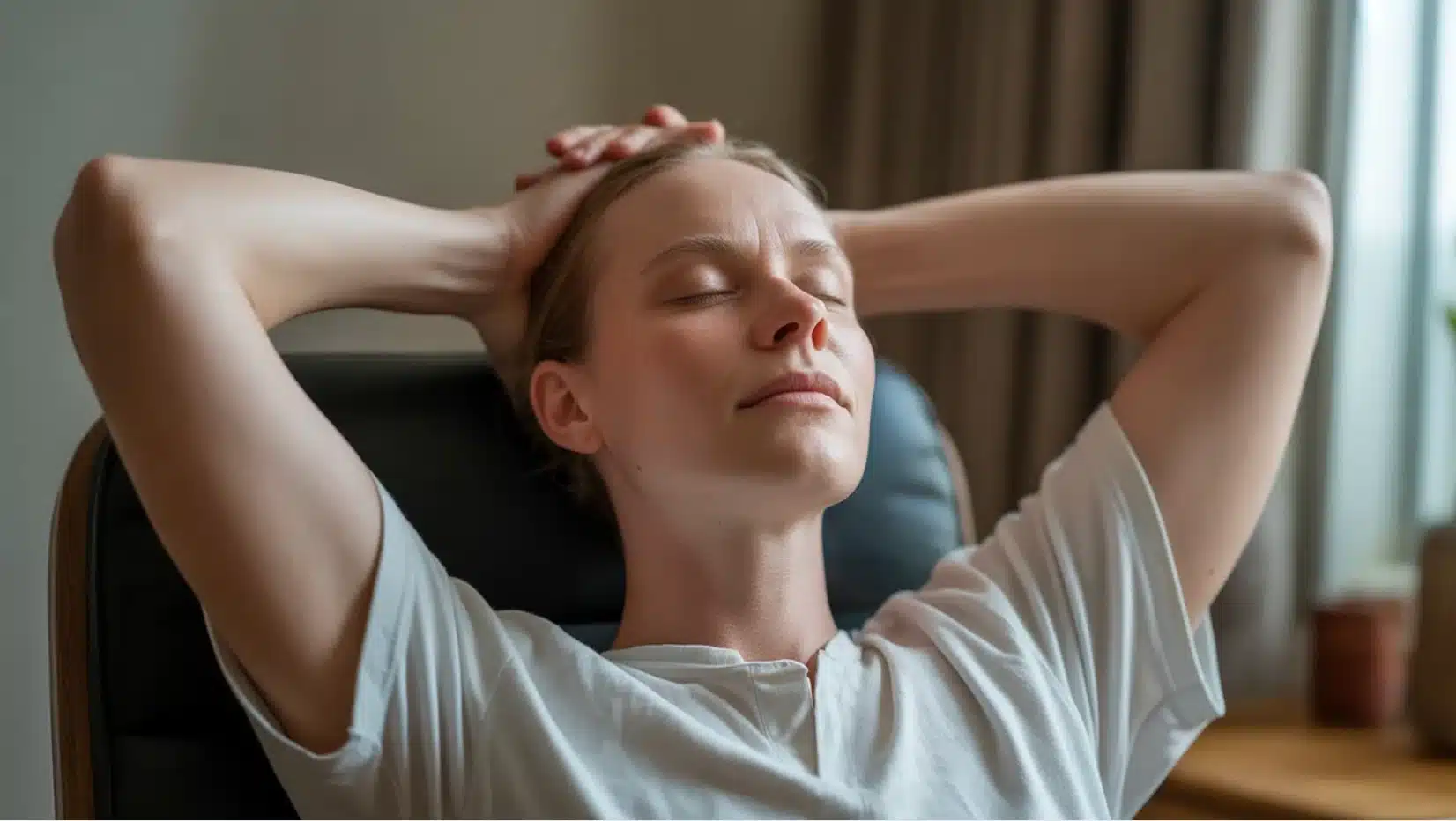 a woman sitting in a chair, relaxing with her hands placed behind her head, eyes closed in a moment of relief