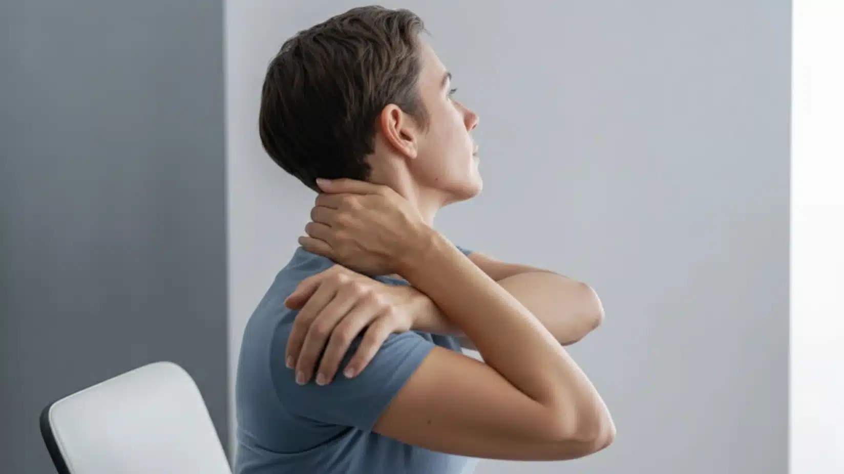 a woman sitting in a chair, stretching and massaging her neck by reaching with one hand to the opposite shoulder