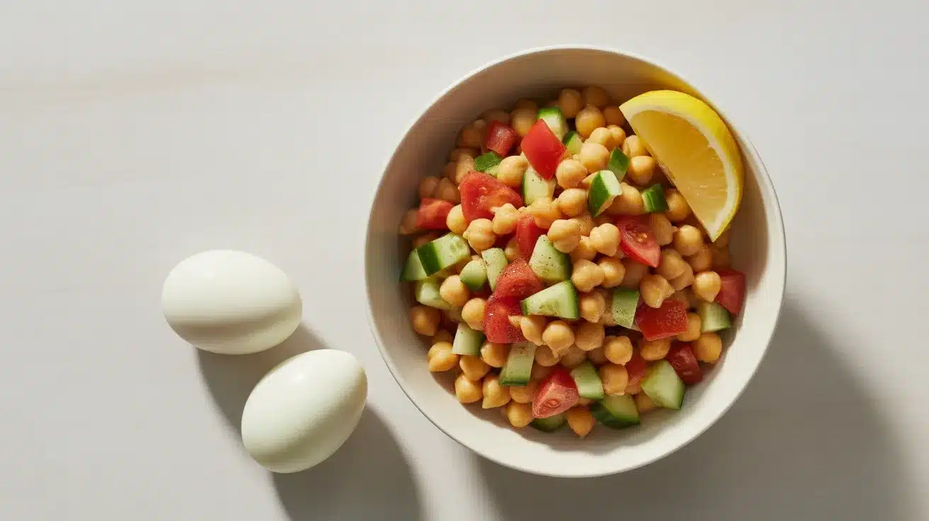 bowl of chickpea salad with cucumber, tomato, and lemon wedge beside two peeled hard boiled eggs on white surface