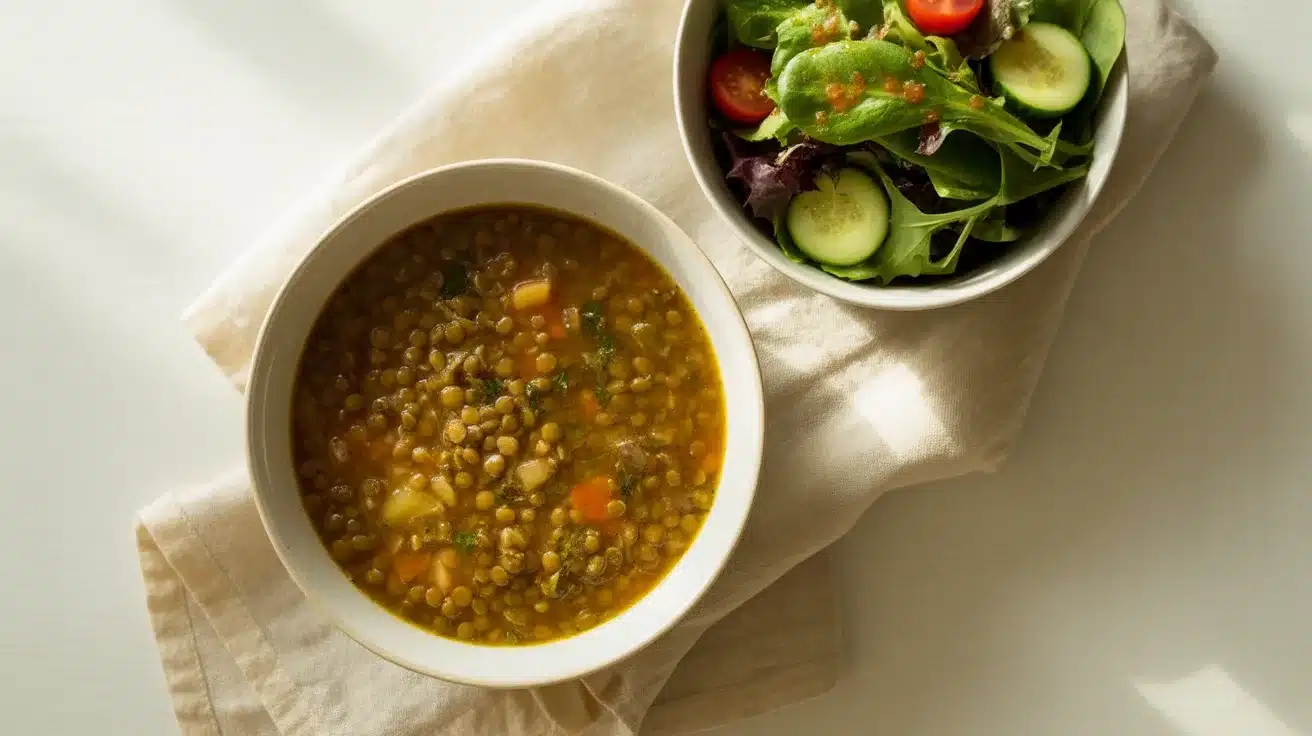 bowl of lentil soup with vegetables beside fresh green salad on cloth napkin in soft natural sunlight