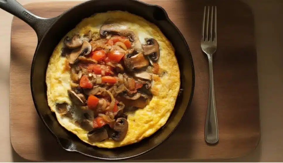 cast iron skillet omelet with mushrooms, tomatoes, and onions on wooden board beside fork in warm light