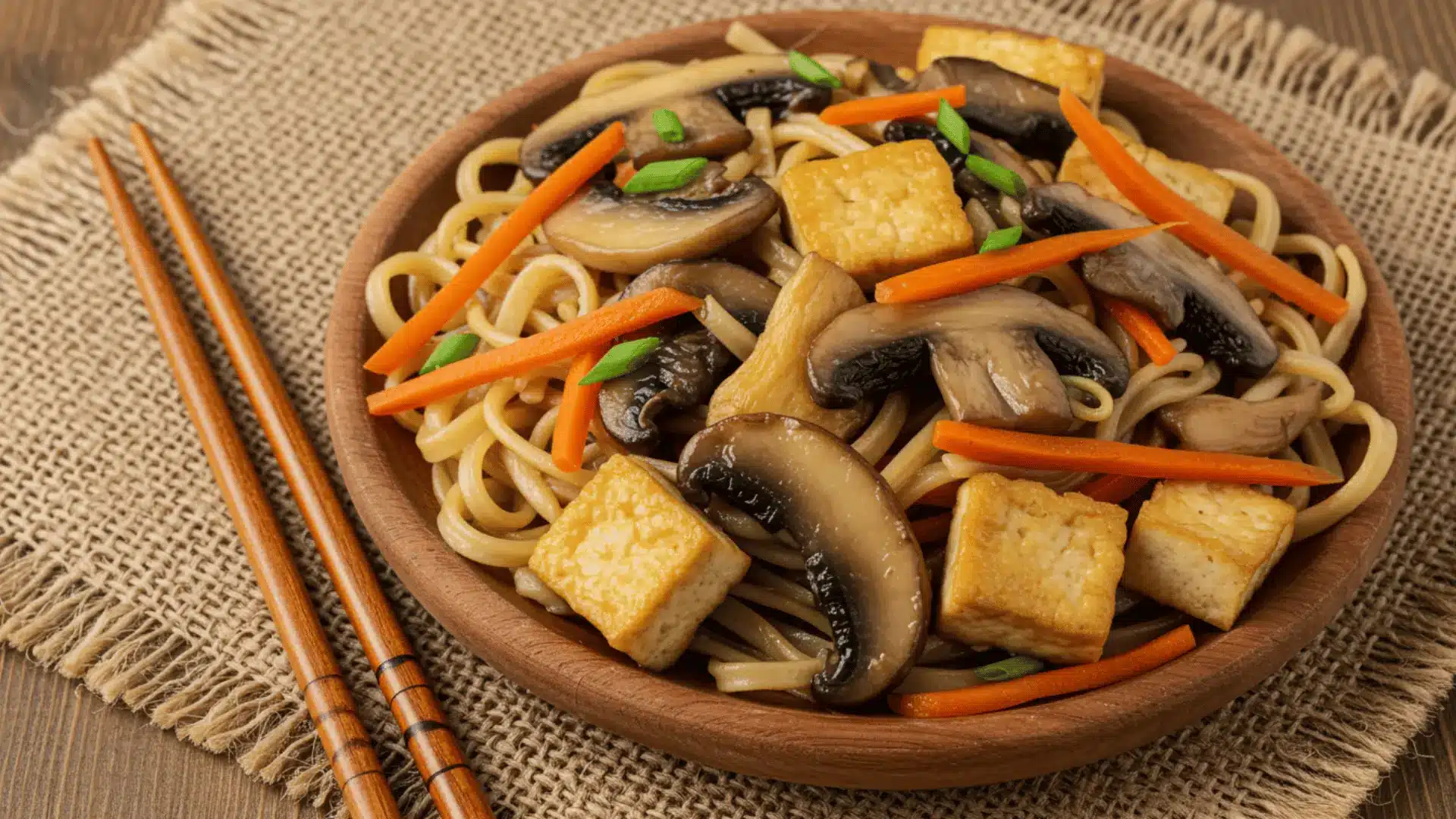 close-up, overhead shot captures a rustic bowl filled with a hearty mushroom and tofu stir-fry, presented