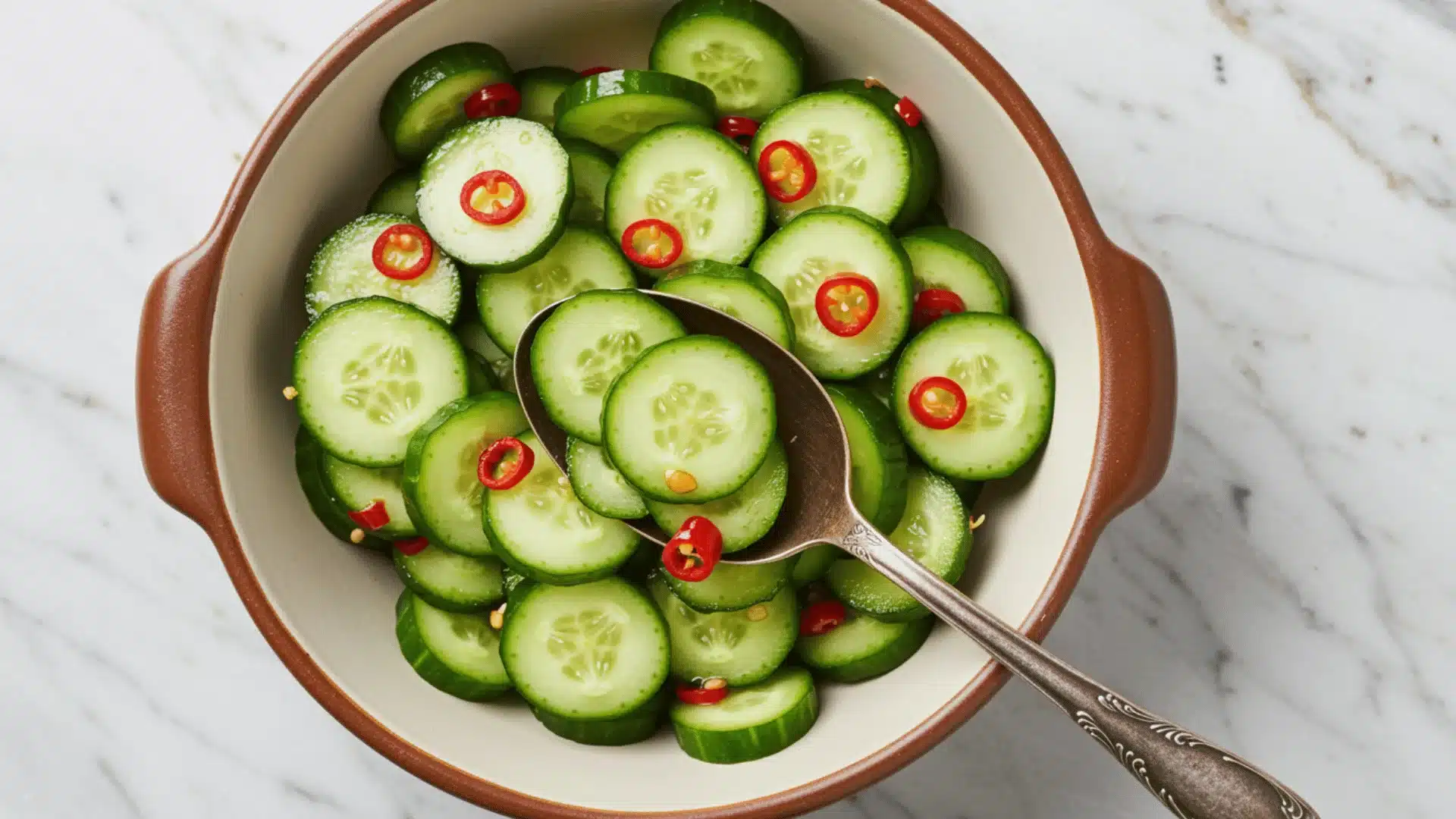close-up, overhead shot shows a bowl of sliced cucumbers with red chili peppers
