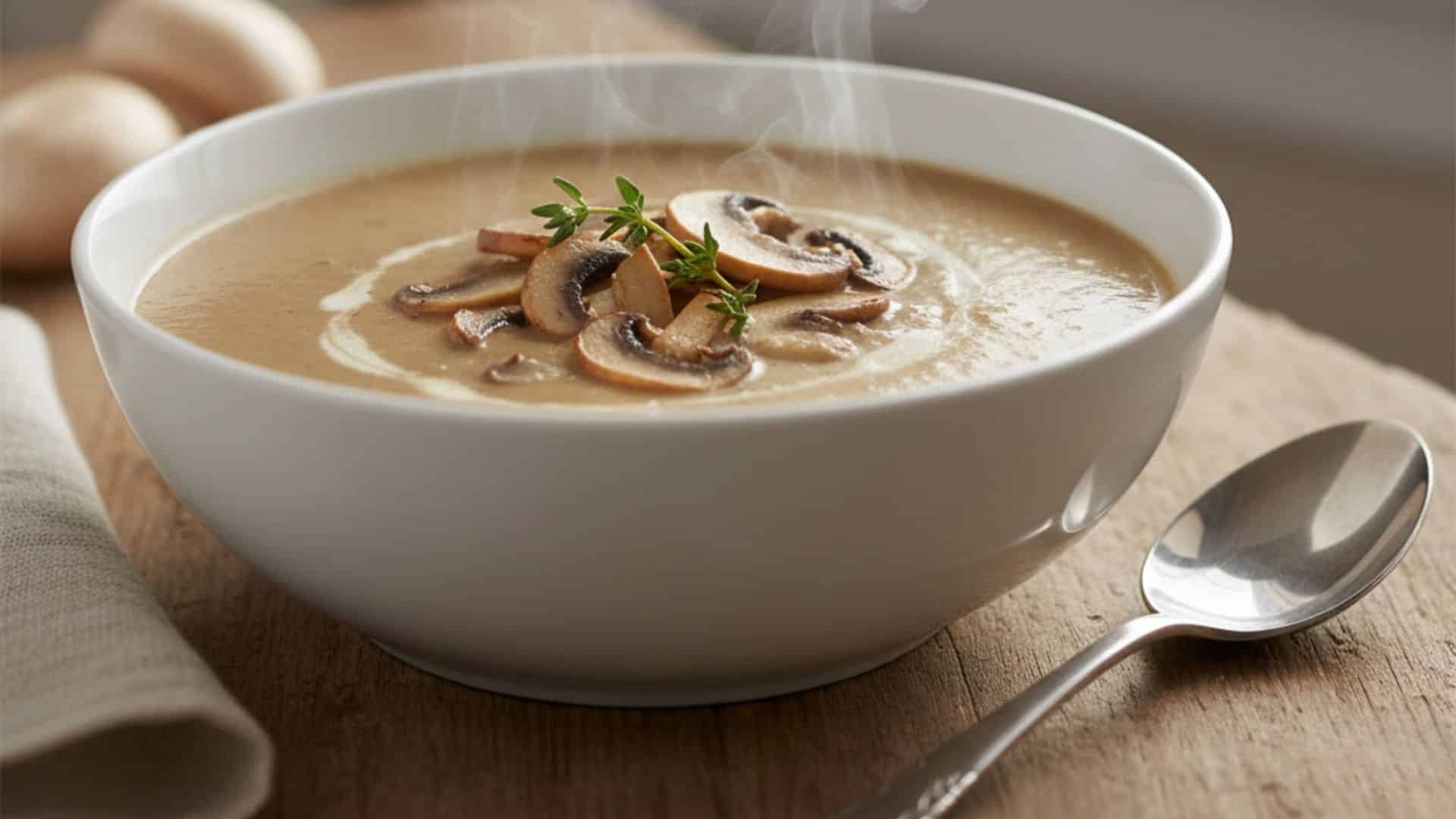 creamy keto mushroom soup in a white bowl topped with sliced mushrooms and fresh thyme, steam rising, spoon on wooden table