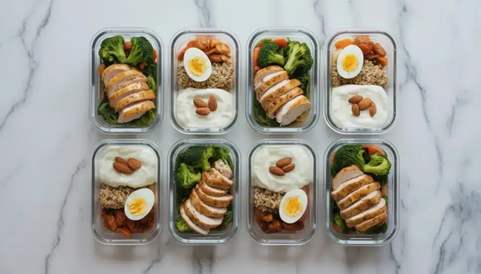 eight meal prep containers with sliced chicken, broccoli, quinoa, yogurt, almonds, and boiled eggs on marble surface
