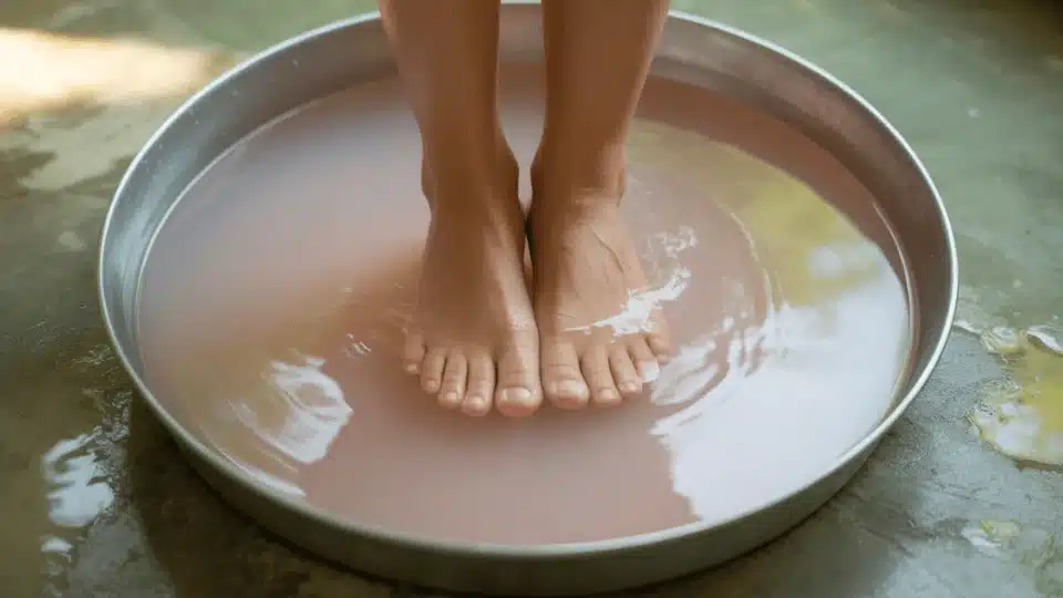 feet soaking in a silver metal basin with light pink water on a textured green surface, soft natural light
