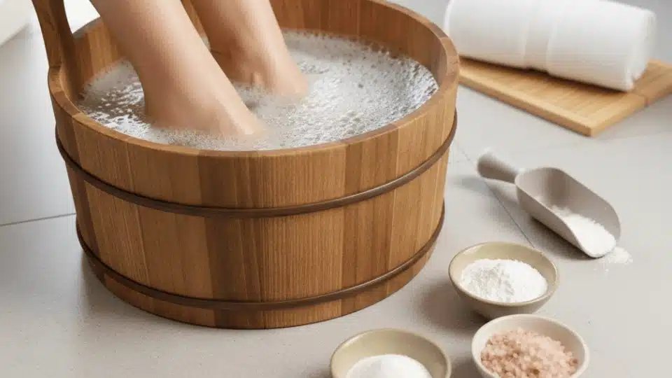 foot soak with baking soda and sea salt in wooden basin at home