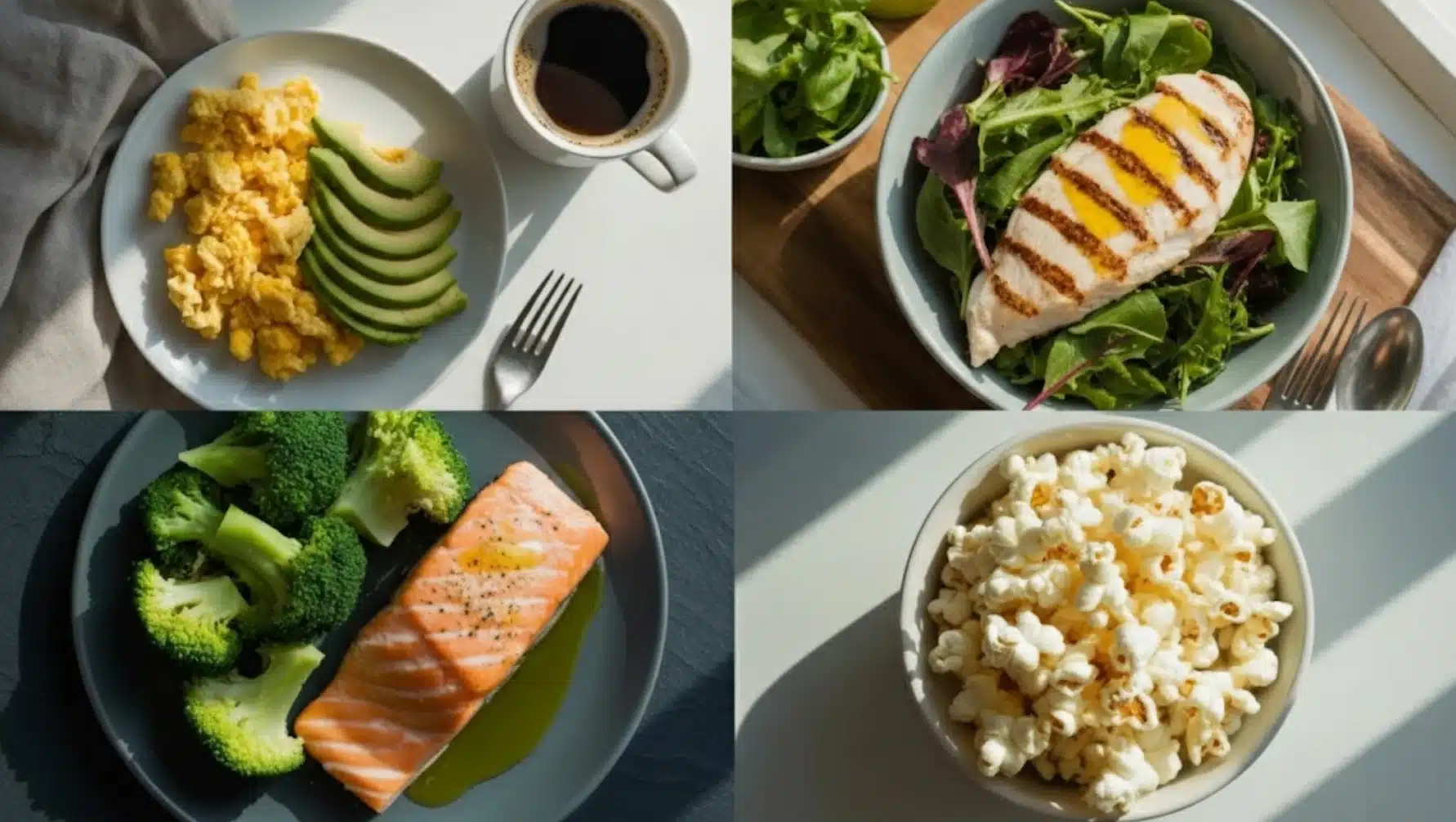 four meal plates showing scrambled eggs with avocado, grilled chicken salad, salmon with broccoli, and bowl of popcorn