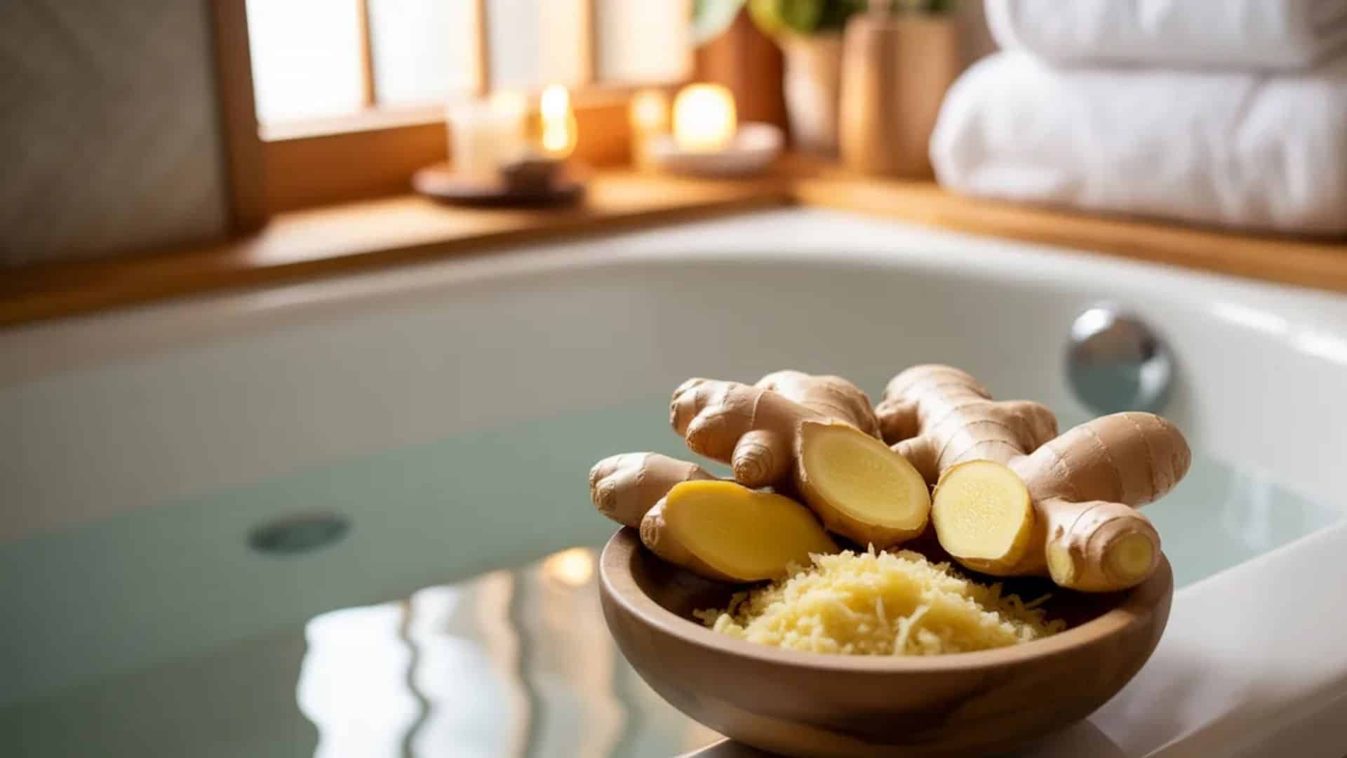 fresh ginger roots and grated ginger in a bowl beside a warm bathtub in a cozy spa-like bathroom setting