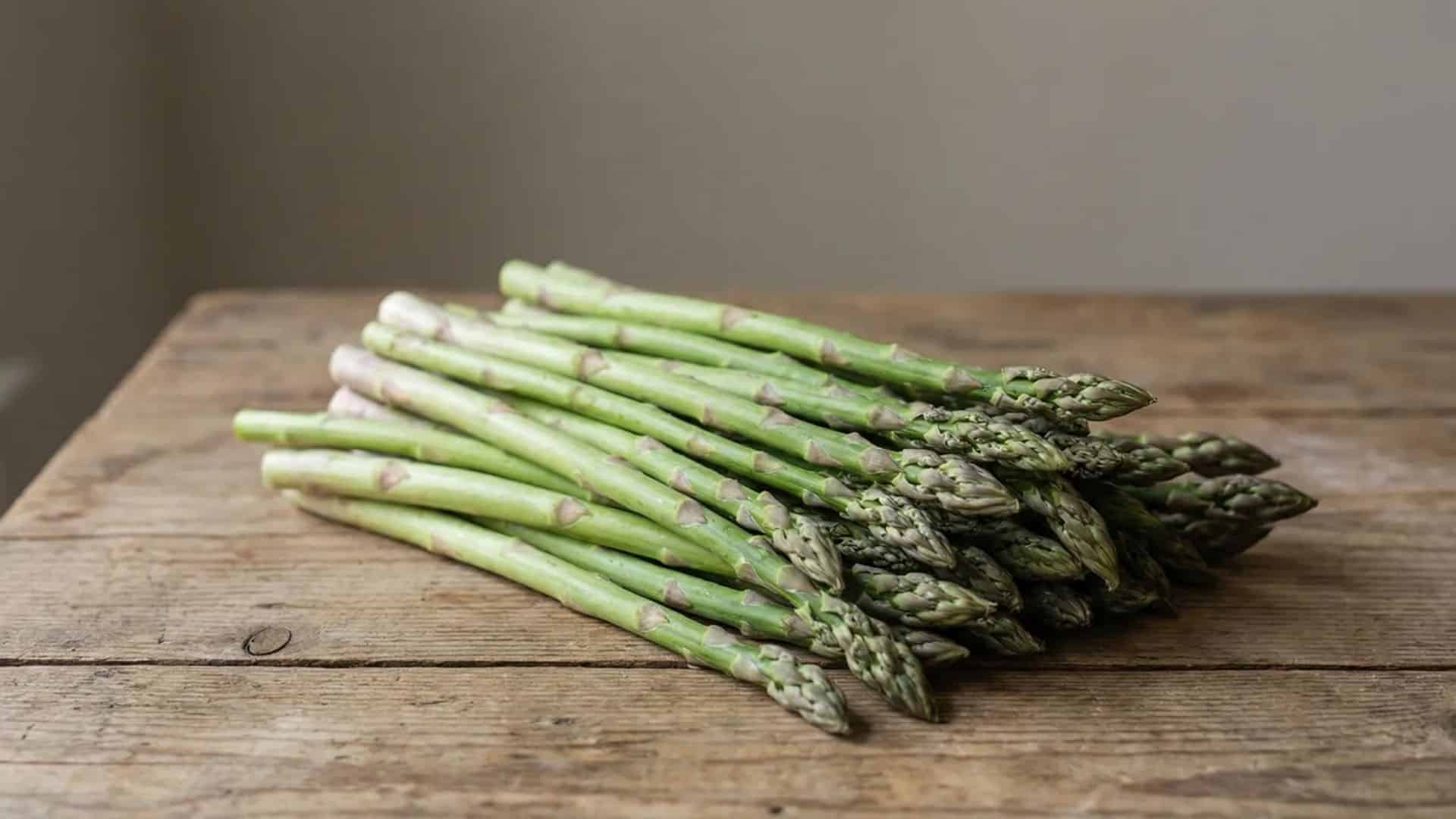 fresh raw asparagus spears arranged on a rustic wooden table in soft natural light with a simple background