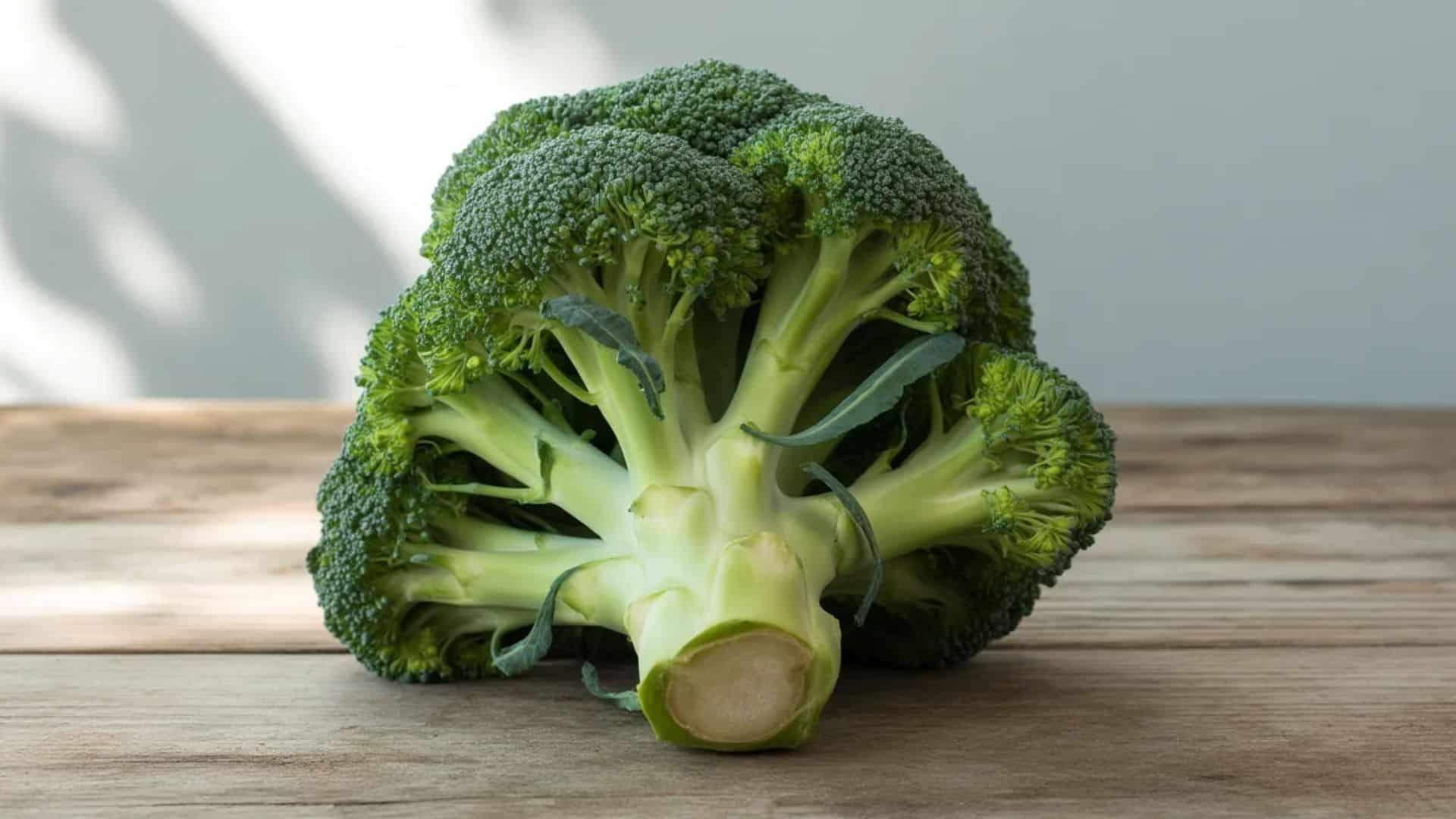 fresh raw broccoli crown placed upside down on a rustic wooden table in soft natural daylight