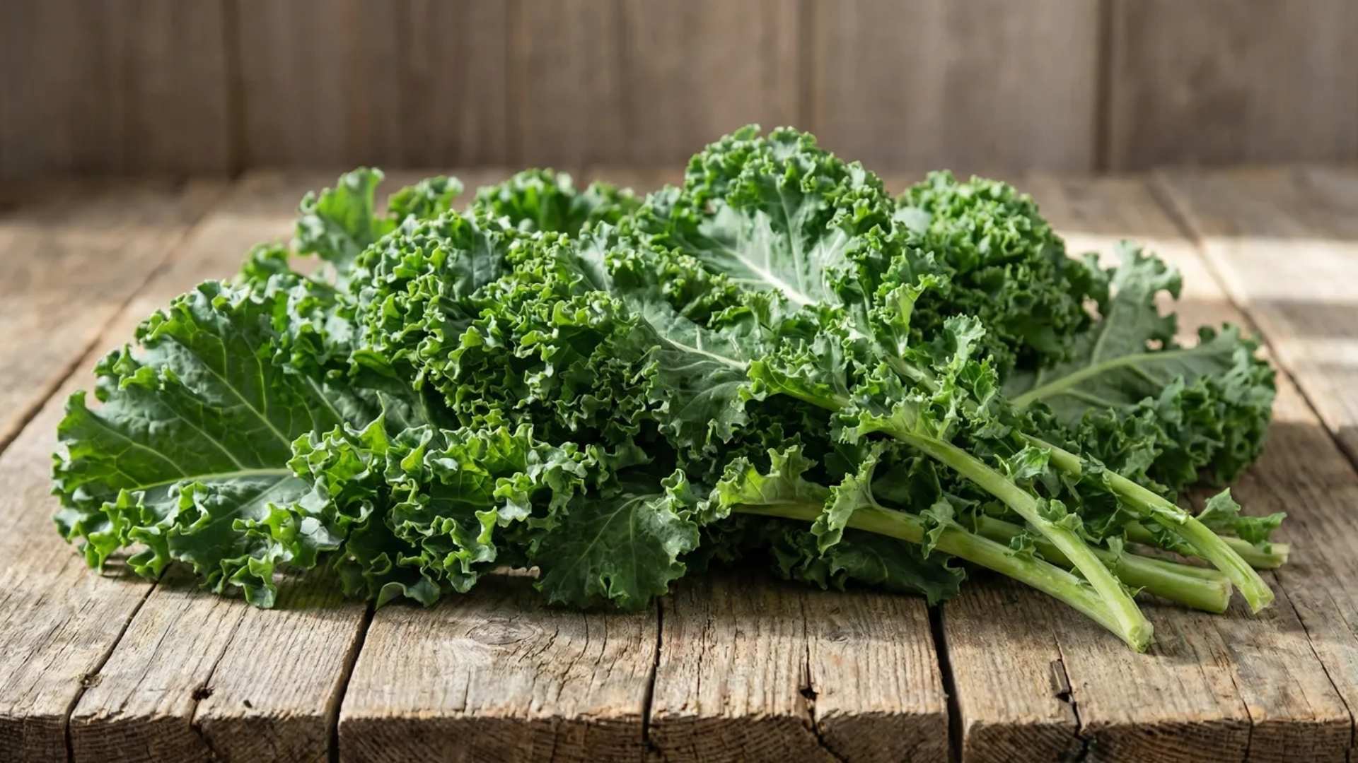 fresh raw curly kale bunch resting on a rustic wooden table in soft natural light with a simple background