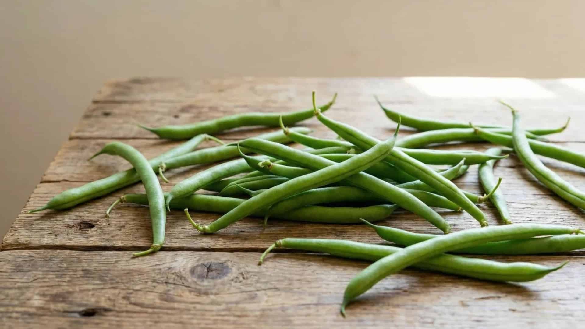 fresh raw green beans scattered on a rustic wooden table in soft natural light with a simple background