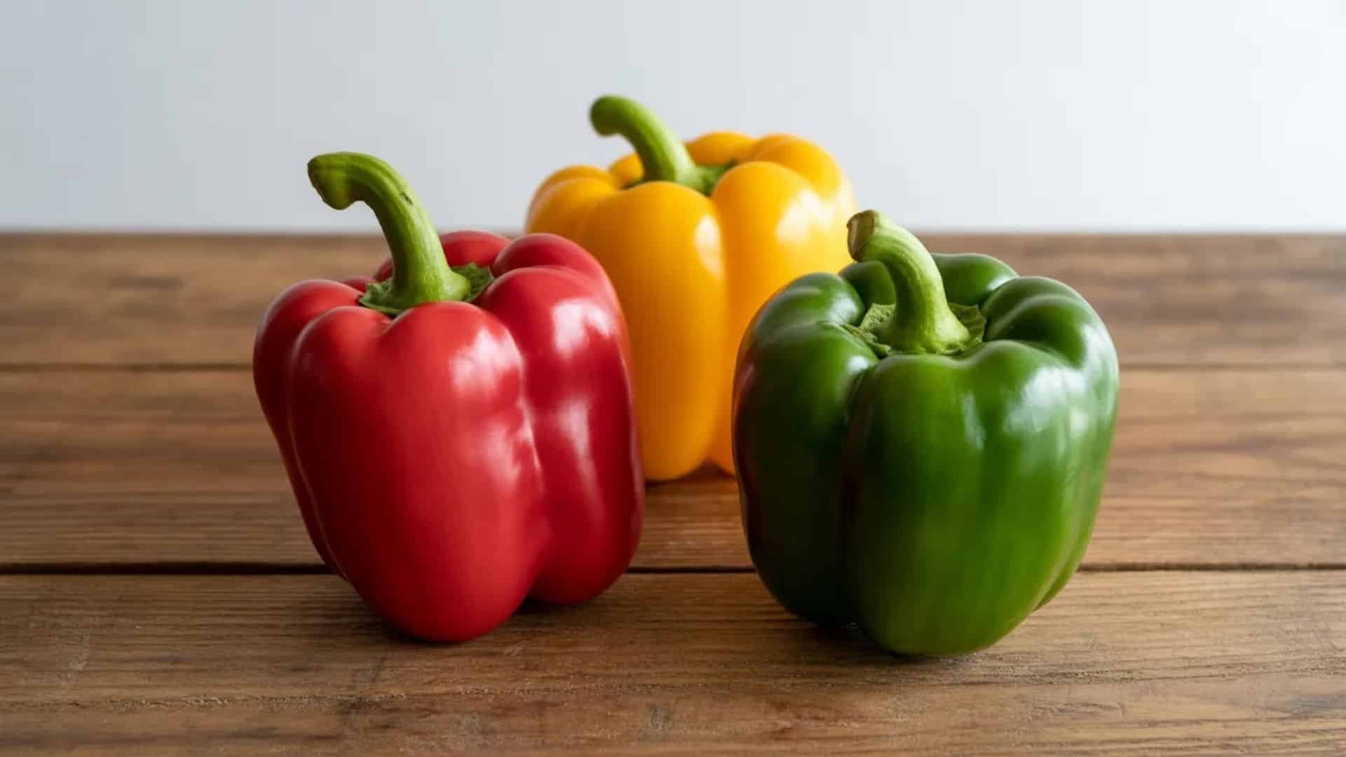fresh raw red, yellow, and green bell peppers placed on a rustic wooden table in soft natural light
