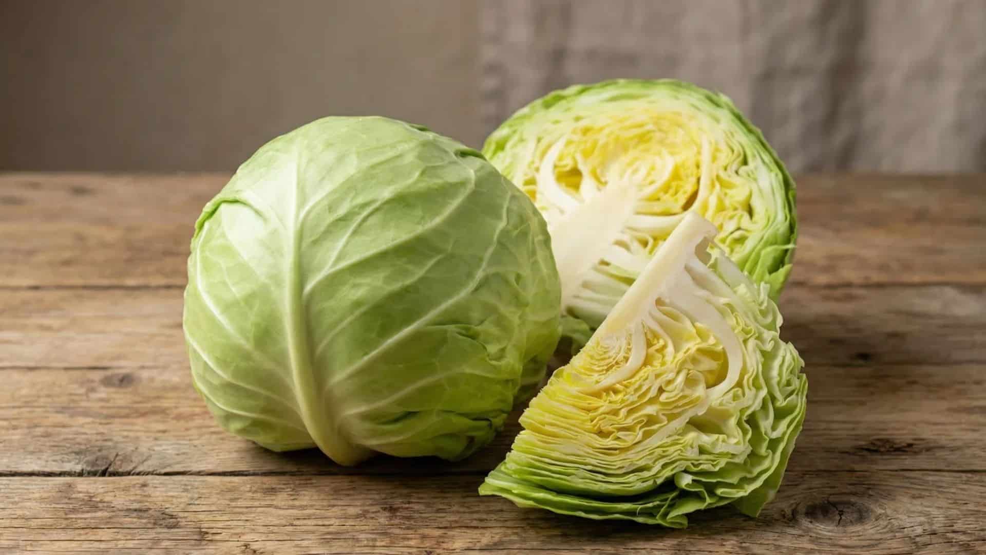 fresh whole and sliced raw green cabbage placed on a rustic wooden table with soft natural light