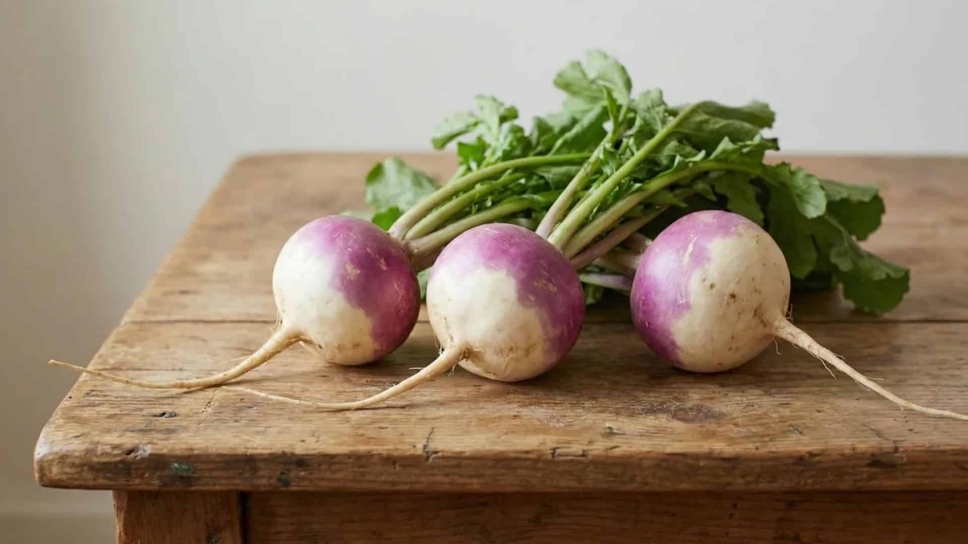 fresh whole purple and white turnips with leafy green tops resting on a rustic wooden table in soft light