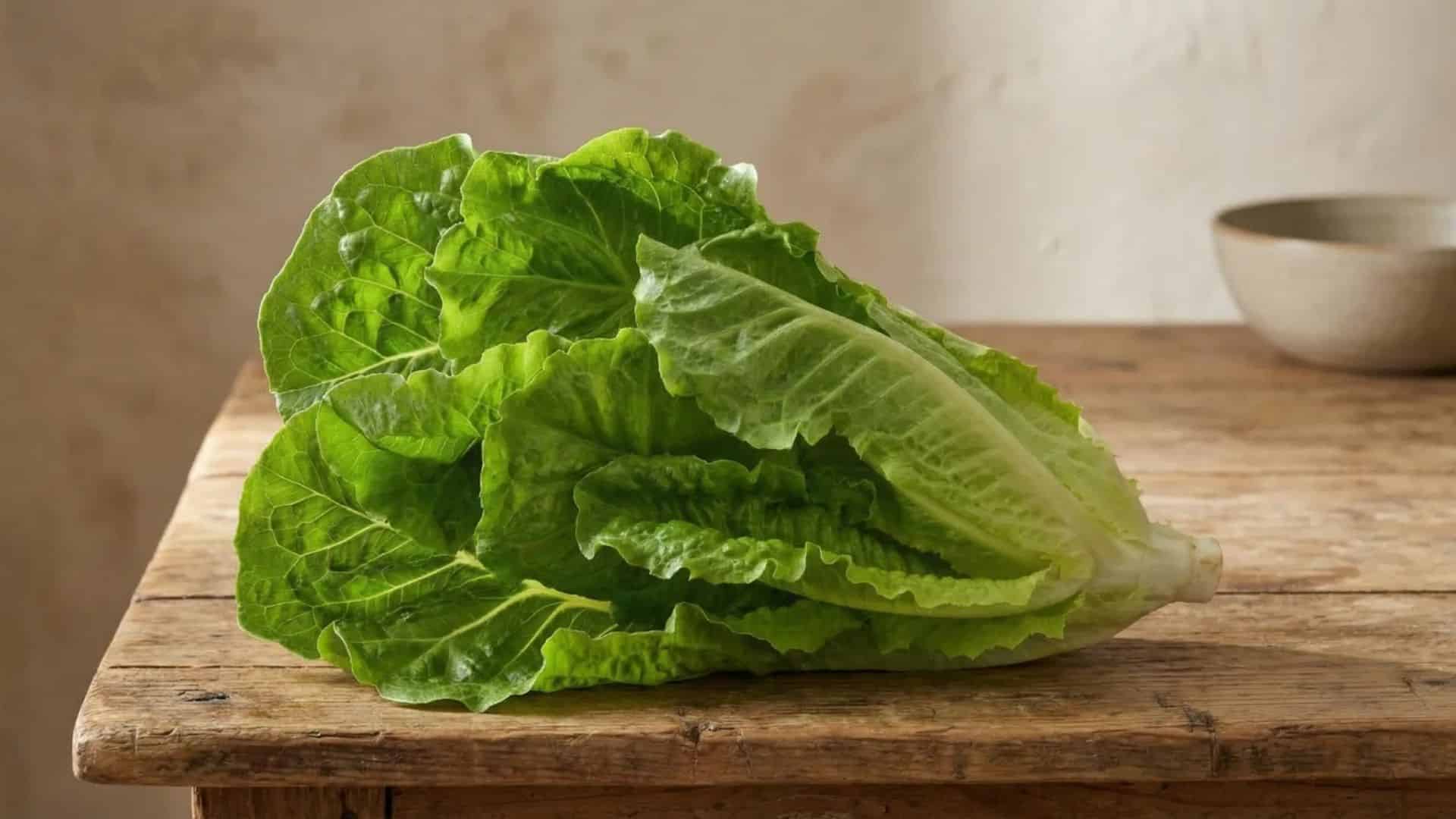fresh whole raw romaine lettuce resting on a rustic wooden table in soft natural light