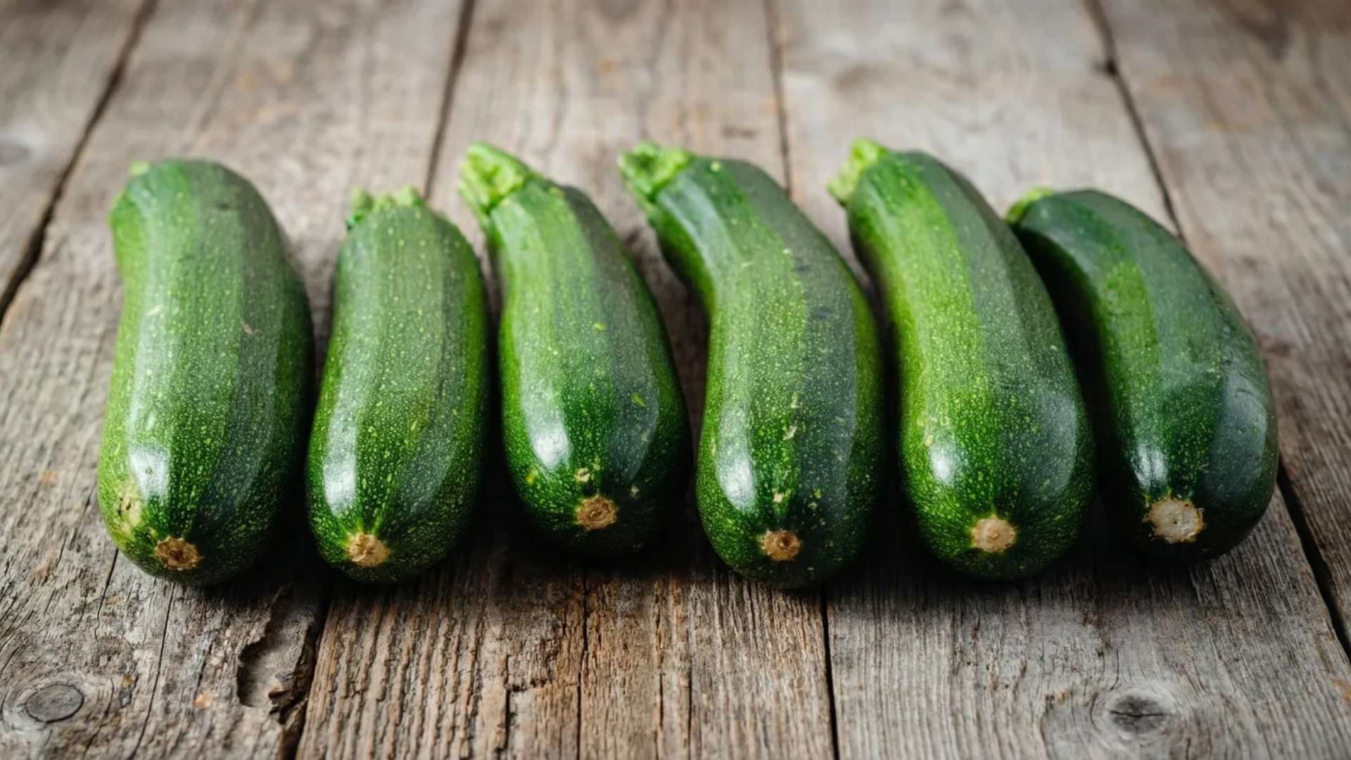 fresh whole raw zucchinis arranged in a row on a rustic wooden table with natural daylight and simple background