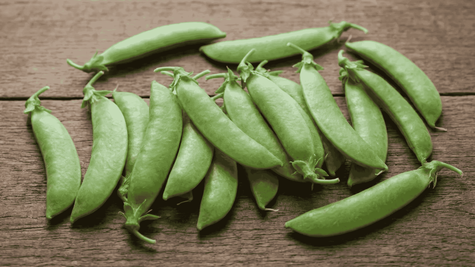 fresh whole snow peas arranged on a rustic wooden table in soft natural light with a simple background