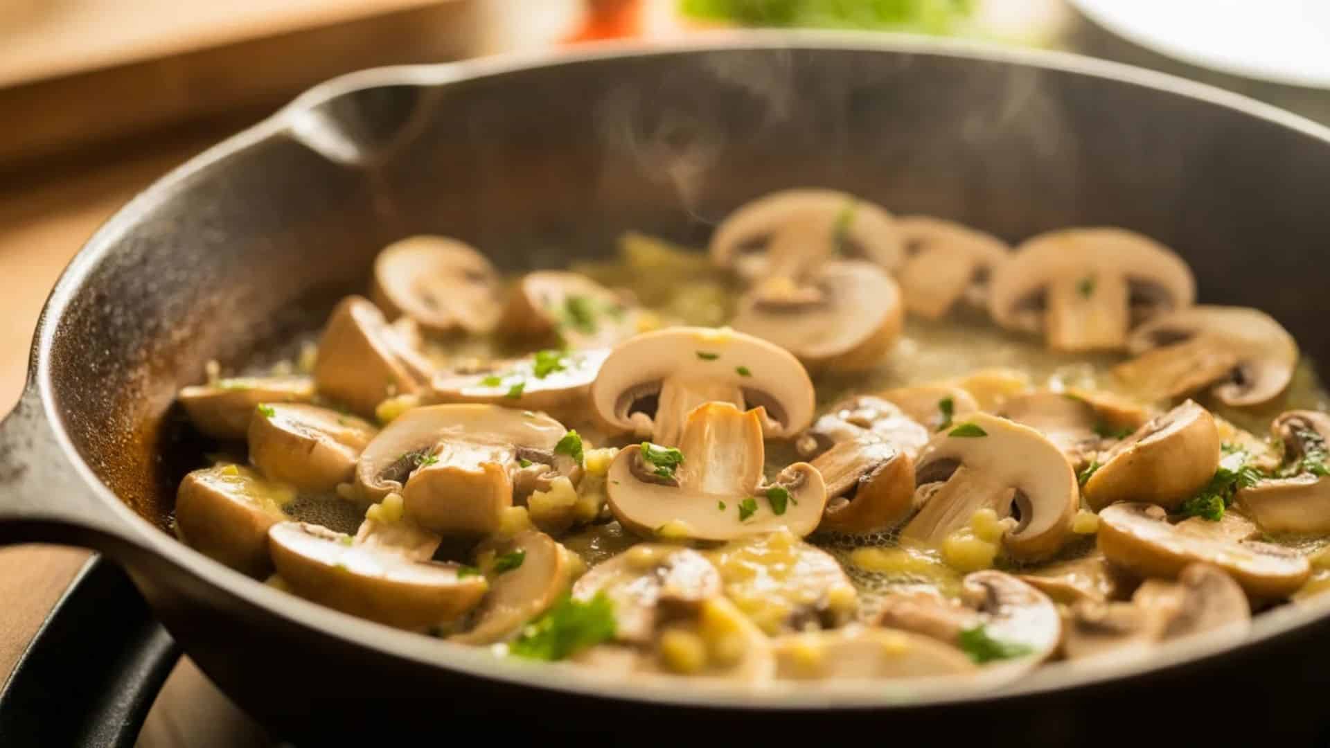 garlic butter mushrooms cooking in a skillet with melted butter, minced garlic, and fresh parsley steam rising from the pan