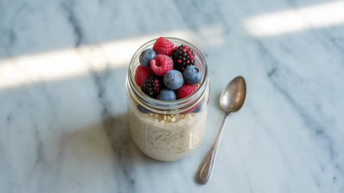 glass jar of overnight oats topped with blueberries, raspberries, blackberries, and oats, beside a spoon