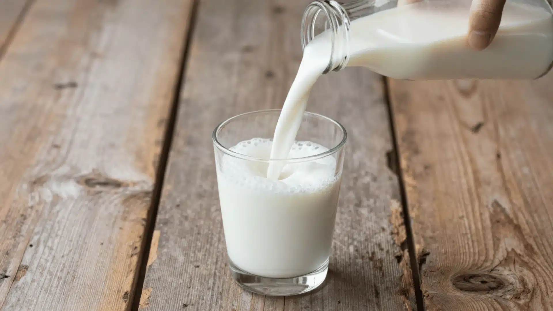 glass of milk is being poured from a clear glass bottle onto a rustic wooden table