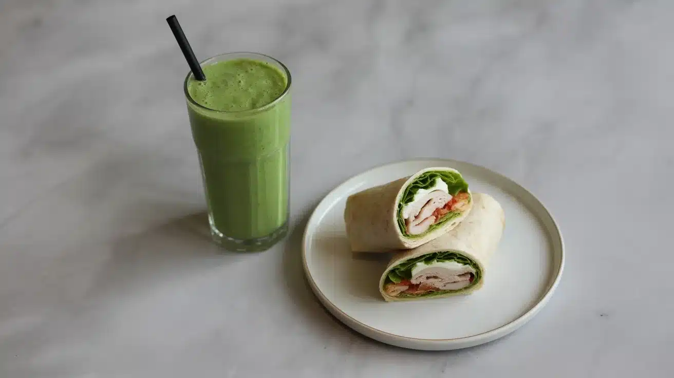 green smoothie in tall glass with straw beside sliced chicken wrap on white plate over marble background