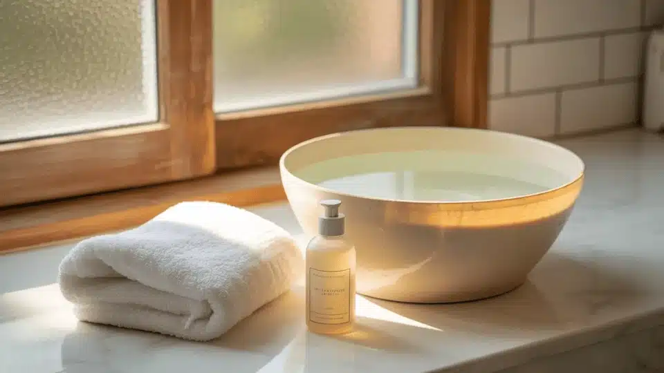 home foot soak setup with basin warm water towel and moisturizer arranged in a clean calm bathroom scene